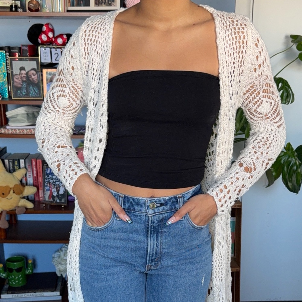 Open-Knit Longline Cardigan Sweater - Cream